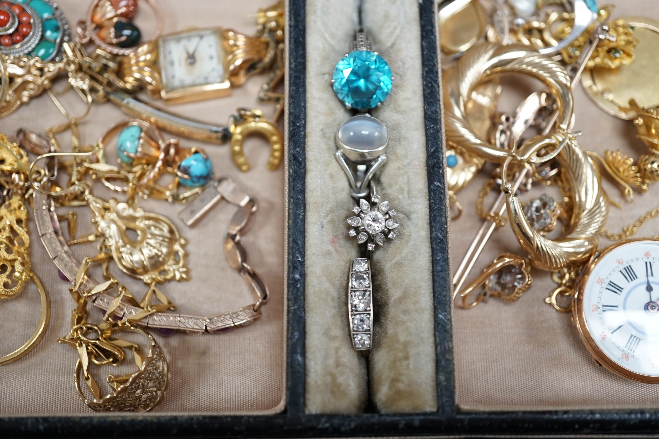 An interesting group of Victorian and later jewellery, including a pair of yellow metal chandelier drop earrings, pair of 9ct gold pear shaped drop earrings, a yellow metal and graduated five stone diamond ring, size N,
